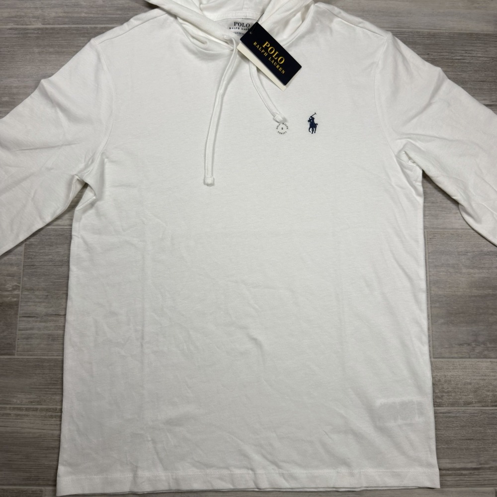 Polo Ralph Lauren Hoodie Shirt Men's Small White Long Sleeve Cotton Tee $69 NWT